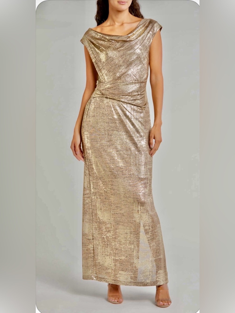 Connected Apparel Metallic Cowl Neck Sleeveless Gown Gold Maxi Dress